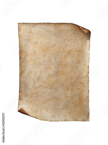 Fototapeta Naklejka Na Ścianę i Meble -  Aged old worn out light brown beige orange vertical blank parchment background texture.Ancient antique rustic grungy retro manuscript scroll template watercolor fresco paper isolated on white.