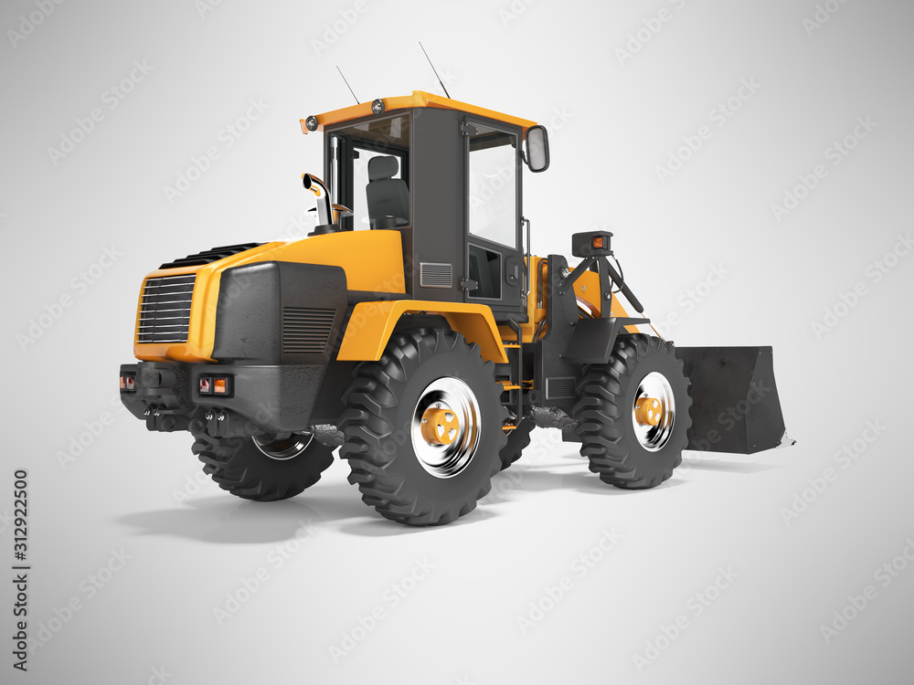 Orange road frontal loader 3D rendering on gray background with shadow