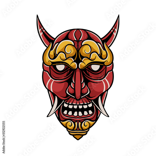Japanese demon mask illustration. Kabuki Mask clip art on white background. Traditional Japanese Mask of evil for tshirt design, sticker, merchandise, or poster