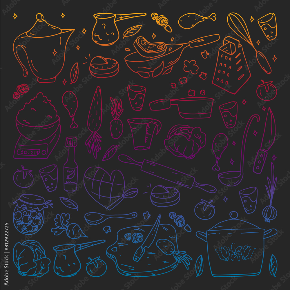 Gradient pattern on blackboard drawn in chalk, with gastronomy icons, vector cuisine and fast food cafe bright background for menu, receipts.