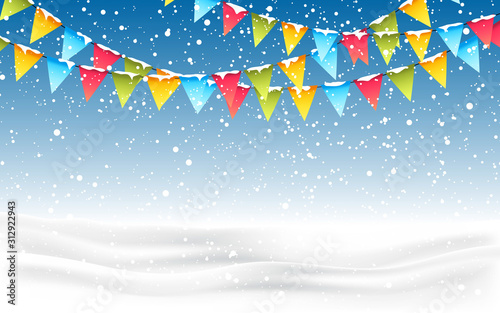 colorful hanging flags in the snow day
