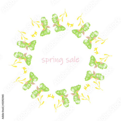 poster Spring sales on a floral watercolor background. ?ard, label, flyer, banner design element. Vector illustration