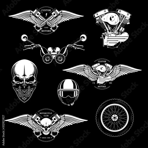 Set of monochrome motorcycle emblems with the image of a skull, wings, engine, pistons, motorcycle steering wheel, wheels.