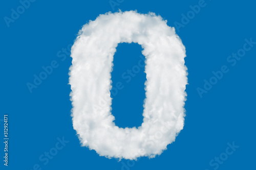 Letter O or number 0 arrow made of clouds on blue