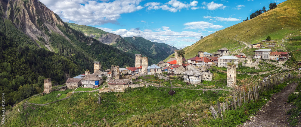 Beautiful panorama landscape with authenyic village Adishi with stone svan towers in mountains of Svaneti Georgia