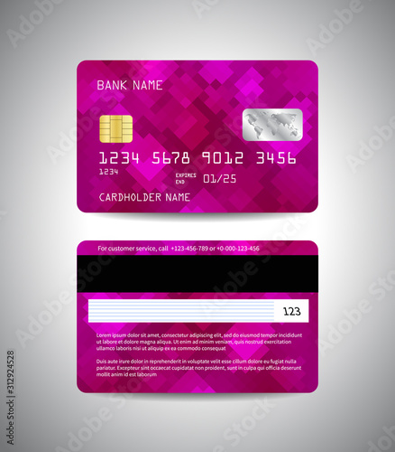 Vector credit cards set with colorful purple abstract mosaic design background