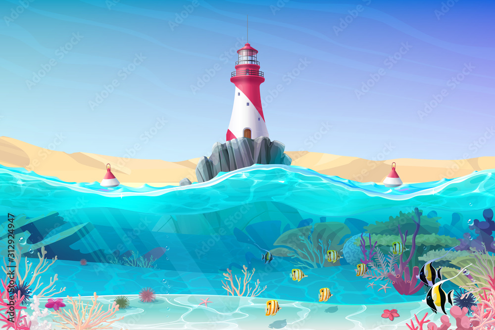 vector cartoon Lighthouse sea clipart - obrazy, fototapety, plakaty 