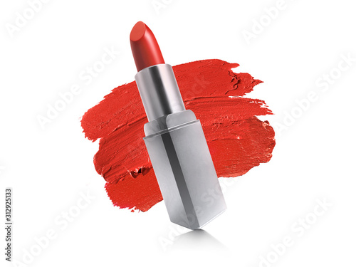 Lipstick and lipstick smear isolated on white background photo