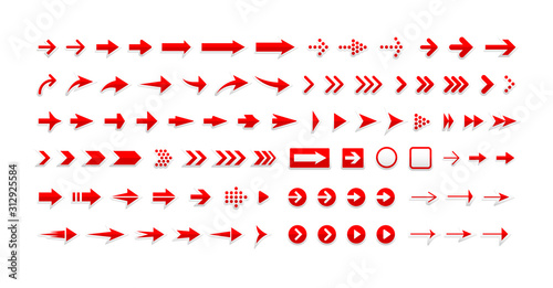 Arrows vector icons set, right pointers pack. Next, forward, previous buttons red signs bundle. Cursors pictograms collection