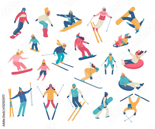 Winter activities. Vector illustration of happy cartoon skiers  snowboarders and tubing people. Isolated on white