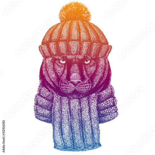 Panther, puma, cougar, cat. Ski, skier animal wearing woolen knitted hat. Christmas time. Cartoon character for little children. Kids print for shirts. Nursery decor.