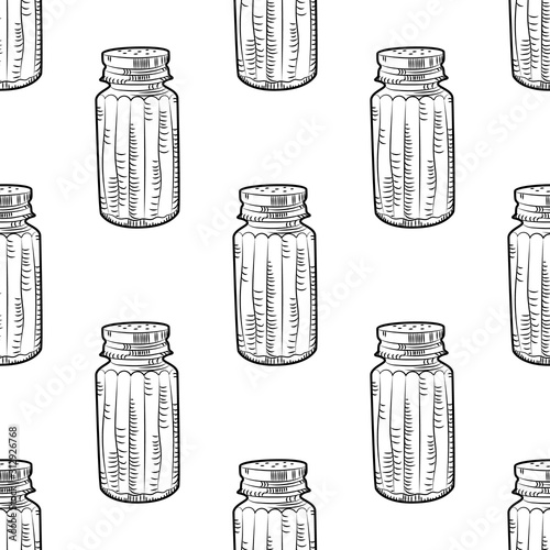 Salt shaker seamless pattern on white background. Сooking ingredient