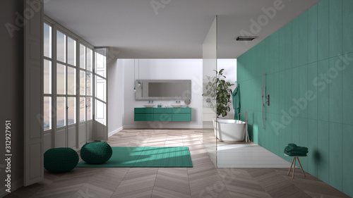 Spacious bathroom in turquoise tones with parquet floors, panoramic window, walk-in shower, freestanding tub, carpet with poufs, double sink, potted plant, minimalist interior design © ArchiVIZ