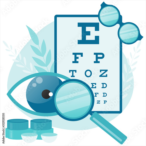 Ophthalmologist Test Myopia Eye. Eye and vision tests. Eyewear. Eyeglasses. Flat Cartoon Vector Illustration