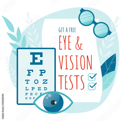 Medical Ophthalmologist Eyesight Check-Up concept. Eye and vision tests. Vector flat illustration.