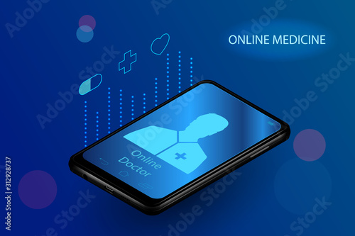 Doctor online medical app mobile applications. Digital healthcare medicine diagnosis concept banner. Human heart eye DNA icon hexagon innovation technology vector