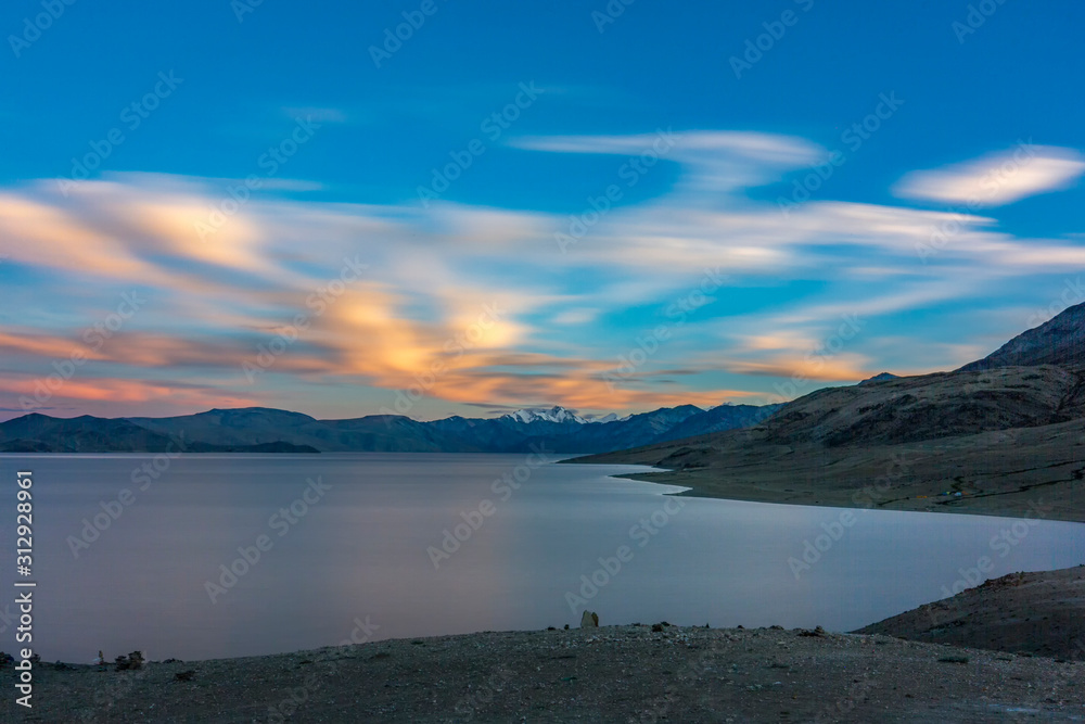 Beautiful Lake Tso Moriri in Ladakh in evening 