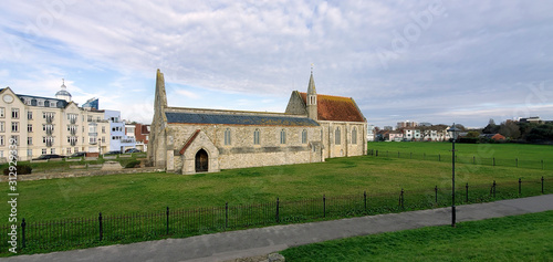 Ancient church in green field