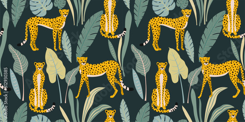 Leopard pattern with tropical leaves. Vector seamless texture.