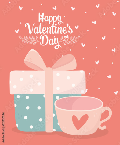happy valentines day wrapped gift box and coffee cup love card