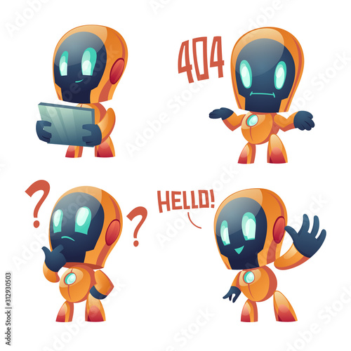 Cute chat bot cartoon vector set illustration. Yellow funny smart conversation robot, assistant make hand gesture waving hello, 404 error message and thinking with question mark, isolated on white