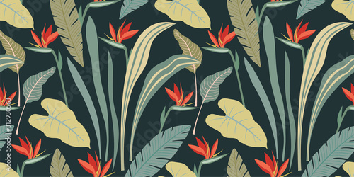Abstract seamless pattern with tropical plants and flowers. Modern exotic design for paper, cover, fabric, interior decor and other users.