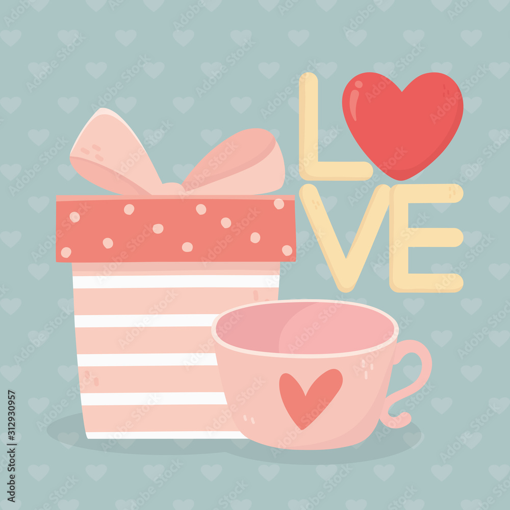 happy valentines day striped gift box and coffee cup hearts card happy valentines day striped gift box and coffee cup hearts card