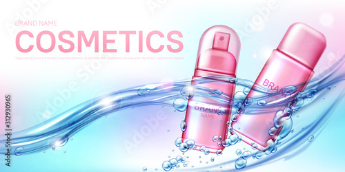 Cosmetic moisturizing beauty product in water flow realistic vector poster. Pink elegant spray bottle for female deodorant for sensitive skin care floating in sparkling water with bubbles, lens flare