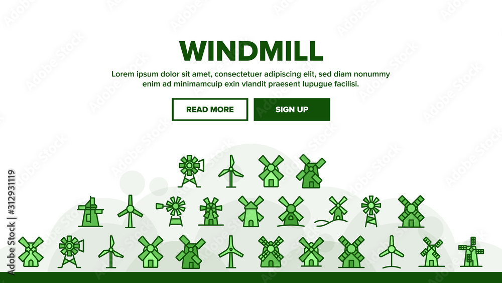 Windmill Building Landing Web Page Header Banner Template Vector. Ancient Windmill For Flour Production And Electrical Wind Turbine Illustration