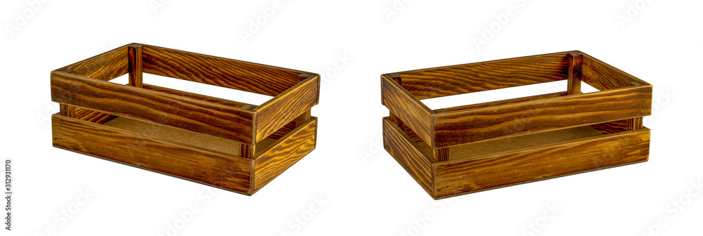 Empty wooden crate, two different angles. Isolated on white background. Empty wooden crate, two different angles. Isolated on white background.