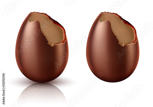 Chocolate egg bitten realistic vector illustration