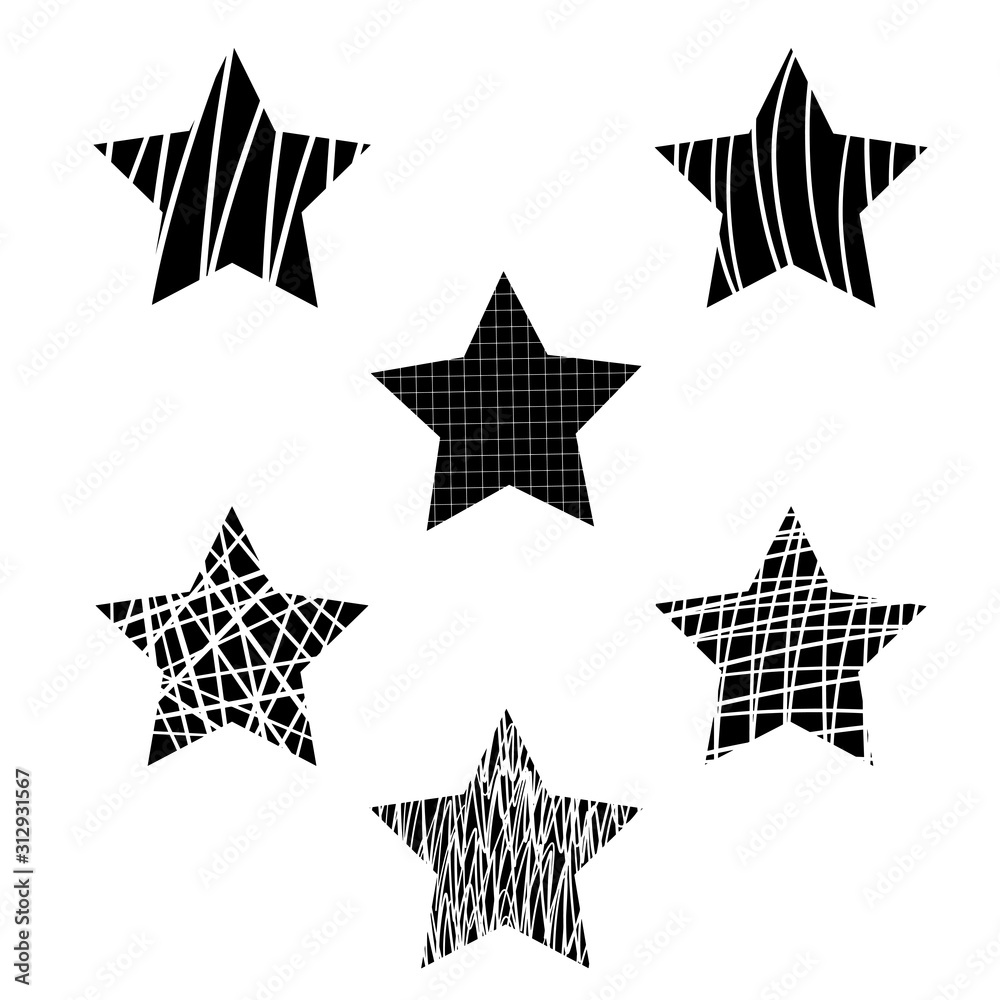 Set of nine hand drawn black vector striped stars Set of nine hand drawn black vector striped stars