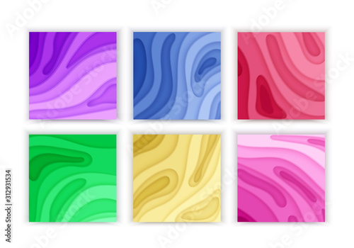 Paper cut background set with 3D slime abstract background and green, purple colorful waves layers. Abstract layout design for brochure, flyer or greeting cards. vector illustration of Paper art