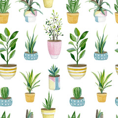 Keuken achterwand Planten in pot patronen Aquarel kamerplanten collectie patroon  © Anna