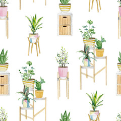 Keuken achterwand Planten in pot patronen Aquarel kamerplanten in potten collectie  © Anna