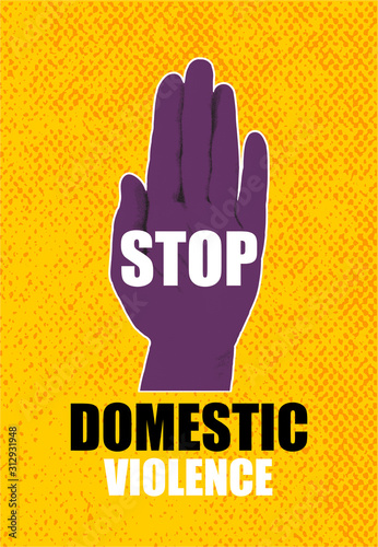 Domestic violence pop art banner on yellow background