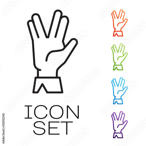 Black line Vulcan salute icon isolated on white background. Hand with vulcan greet. Spock symbol. Set icons colorful. Vector Illustration