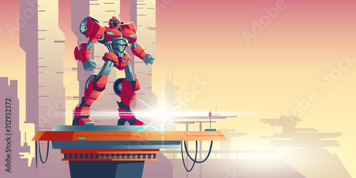 Red robot transformer standing on spaceship top against futuristic colonial background, cartoon vector illustration. Powerful robot transformed from car, alien invader, fantasy cyborg soldier photo