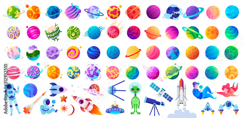 Big set of isolated space objects. Planets, UFOs, astronauts and rockets. Vector children's illustration.