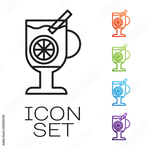 Black line Mulled wine with glass of drink and ingredients icon isolated on white background. Cinnamon stick, clove, lemon slice. Set icons colorful. Vector Illustration