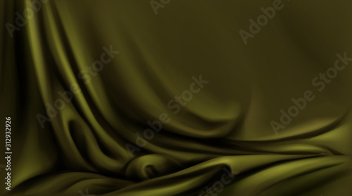 Olive green silk cloth, folded fabric realistic texture vector background. Soft smooth ripple folds on green khaki satin textile, drapery presentation design, luxury curtain illustration.