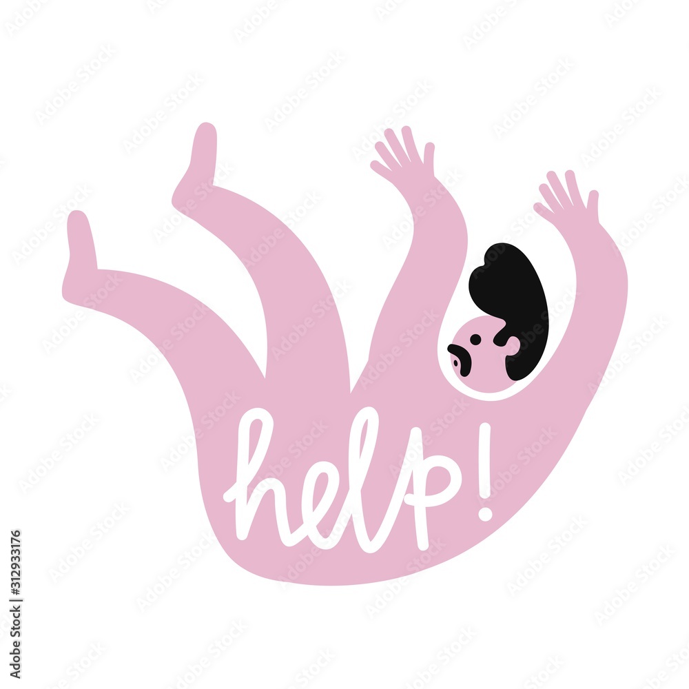 Vector illustration with cartoon man in falling pose and lettering word Help. Isolated on white background print design Vector illustration with cartoon man in falling pose and lettering word Help. Isolated on white background print design