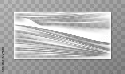 Stretched cellophane banner, realistic crumpled or folded texture vector illustration. Clear transparent polyethylene top of plastic container, tape or elastic wrapping paper for food or snacks bag