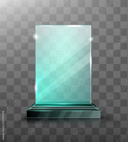 Glass trophy or winner award realistic vector illustration. Transparent crystal plate or blue acrylic frames on black chrome metal pedestal, isolared front view with light and shadow