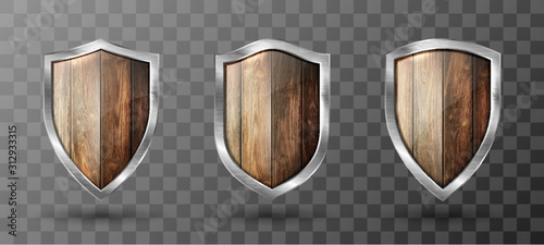 Wooden shield with metal frame realistic vector illustration. Blank vintage brown wooden panel with reflection glow, award trophy or certificate template, front view isolated on transparent background