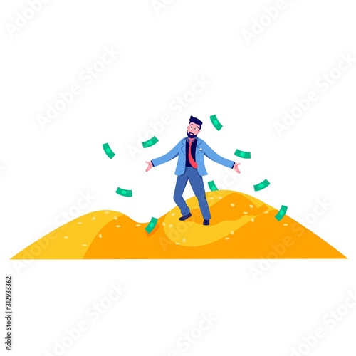 Rich cartoon business man standing on mountain of gold coins vector flat illustration. Character realistic male millionaire magnate posing surrounded by falling cash money isolated on white