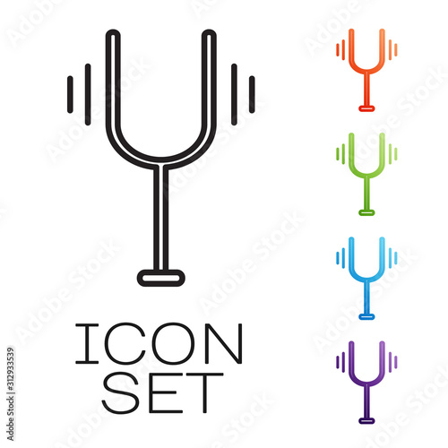 Black line Musical tuning fork for tuning musical instruments icon isolated on white background. Set icons colorful. Vector Illustration