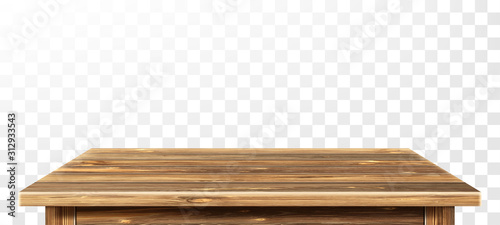 Wooden table top with aged surface, realistic vector illustration. Vintage dining table made of darkened wood, realistic plank texture. Empty desk top isolated on white wall.