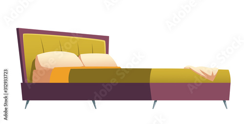 Bedroom furniture cartoon vector illustration. Element for living room interior, double bed with green upholstery and pillows isolated on white