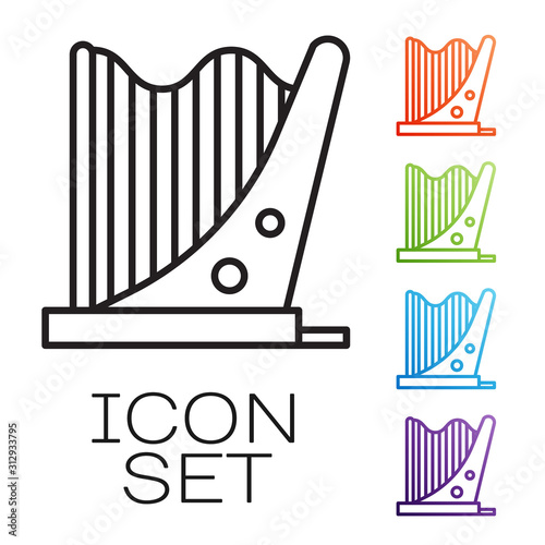 Black line Harp icon isolated on white background. Classical music instrument, orhestra string acoustic element. Set icons colorful. Vector Illustration